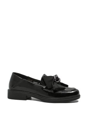 Pantofi loafer damă Pass Collection negri din lac cu fundiță OTR450040