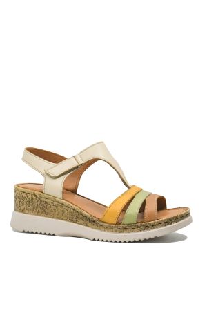 Sandale wedge damă Anna Viotti bej din piele naturală cu barete multicolore GOR707